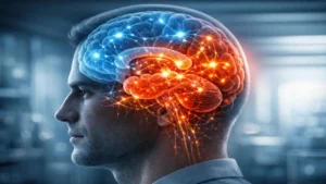 Side profile of a man with highlighted brain showing active neural connections related to impulse control and decision making