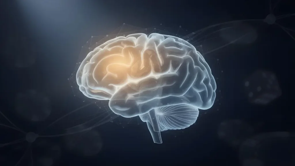 Glowing human brain illustration representing cognitive fatigue and decision-making under mental strain