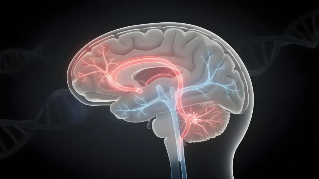 Illustration of human brain showing neural pathways involved in impulse control and emotional regulation