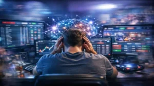 Man experiencing cognitive overload and stress while analyzing betting screens with neural brain activity visualization
