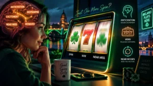 Modern illustration showing an Irish online slots player with spinning reels, brain activity, dopamine, anticipation, wins and near-miss psychology.